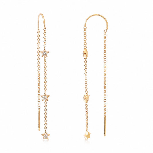 14K Gold Triple Diamond Star Threader Chain Earrings