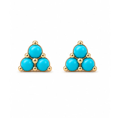 14K Gold Triple Turquoise Cabochon Trinity Cluster Stud Earrings