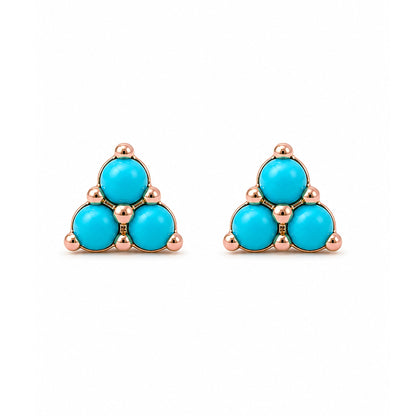 14K Gold Triple Turquoise Cabochon Trinity Cluster Stud Earrings