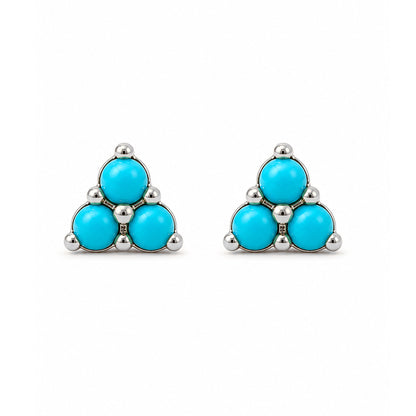 14K Gold Triple Turquoise Cabochon Trinity Cluster Stud Earrings