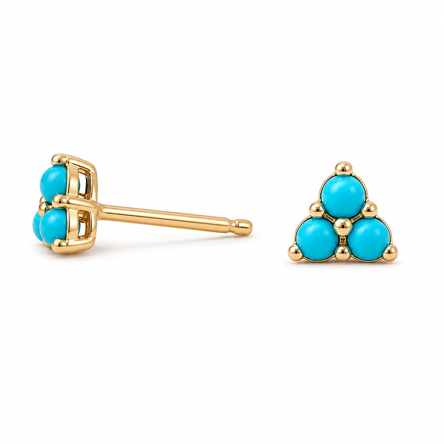 14K Gold Triple Turquoise Cabochon Trinity Cluster Stud Earrings