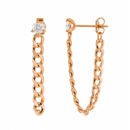 3mm Diamond Solitaire 14K Gold Open Curb Link Chain Dangle Stud Earrings