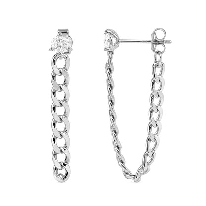 3mm Diamond Solitaire 14K Gold Open Curb Link Chain Dangle Stud Earrings
