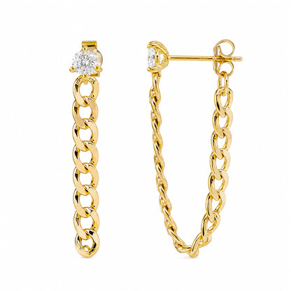 3mm Diamond Solitaire 14K Gold Open Curb Link Chain Dangle Stud Earrings