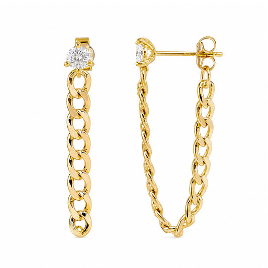 3mm Diamond Solitaire 14K Gold Open Curb Link Chain Dangle Stud Earrings