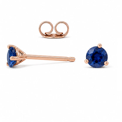 14K Gold Solitaire 3mm Blue Sapphire Martini Stud Earrings