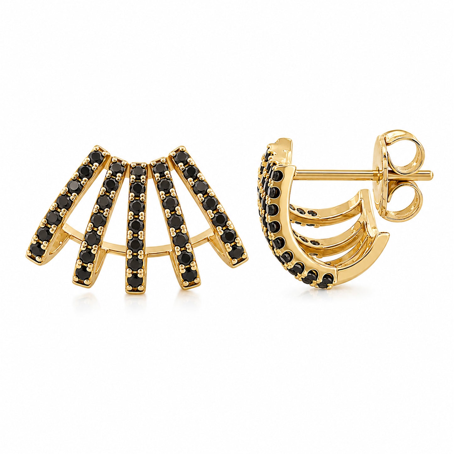 14K Gold Pavé Black Diamond 5 Row Hoop Stud Earrings