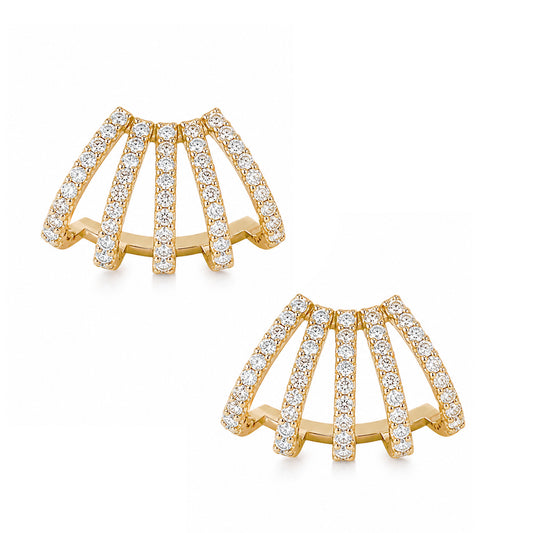 14K Gold Pavé Diamond 5 Row Hoop Stud Earrings