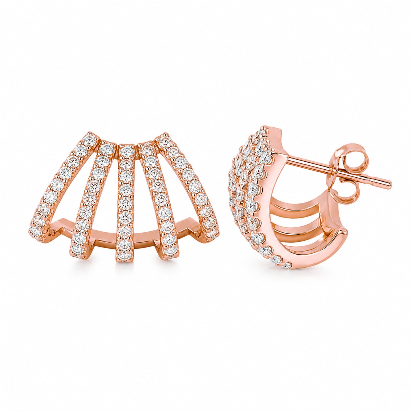 14K Gold Pavé Diamond 5 Row Hoop Stud Earrings
