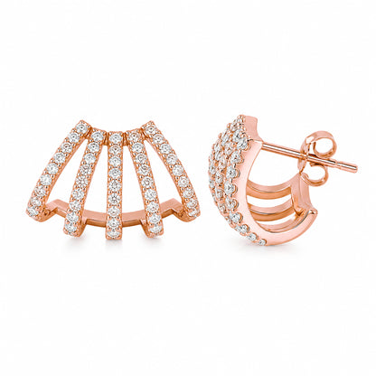 14K Gold Pavé Diamond 5 Row Hoop Stud Earrings