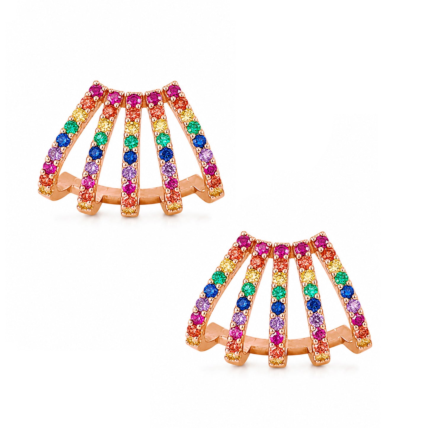 14K Gold Pavé Rainbow Gemstone 5 Row Hoop Stud Earrings