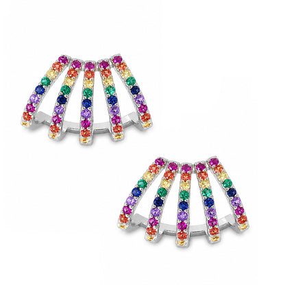 14K Gold Pavé Rainbow Gemstone 5 Row Hoop Stud Earrings