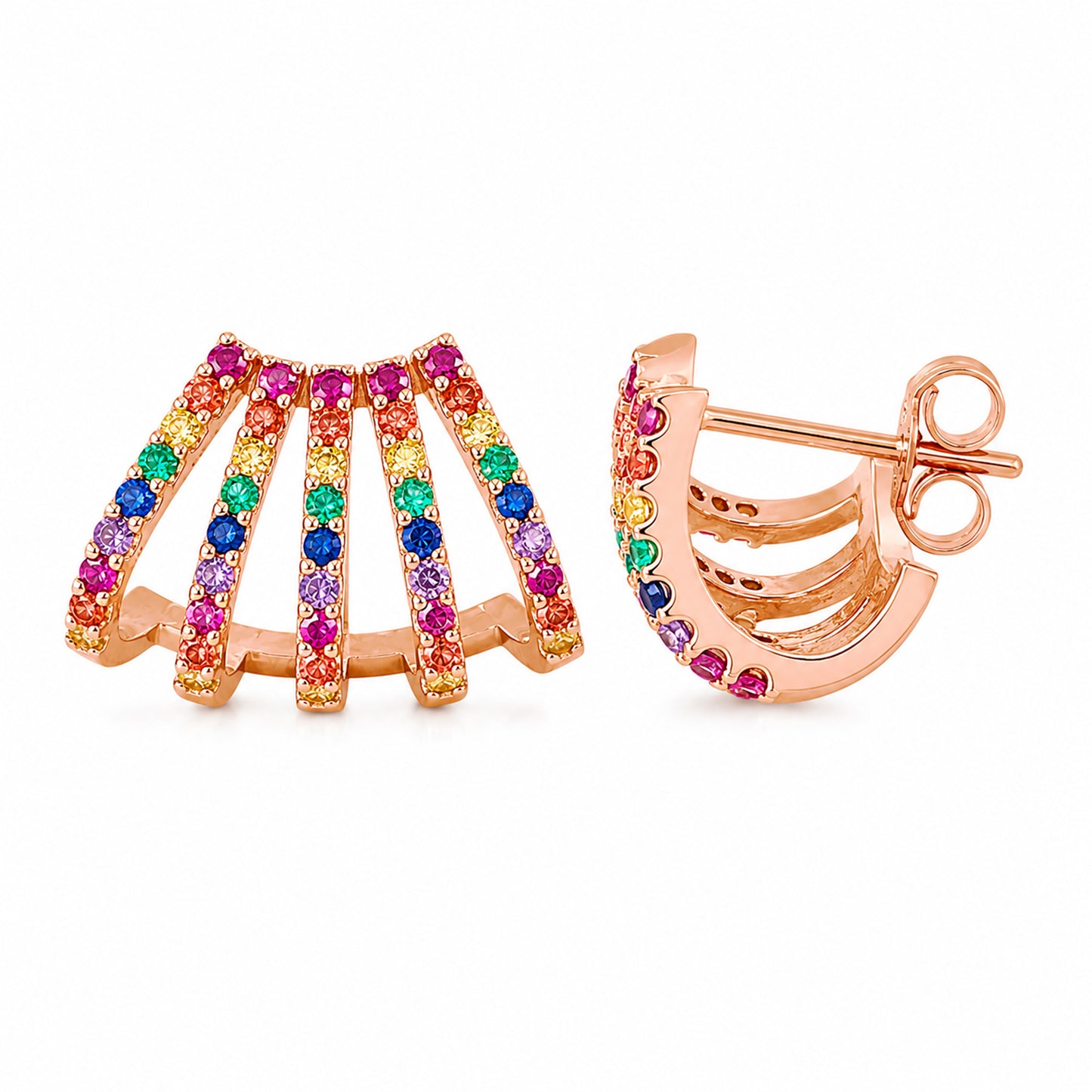 14K Gold Pavé Rainbow Gemstone 5 Row Hoop Stud Earrings