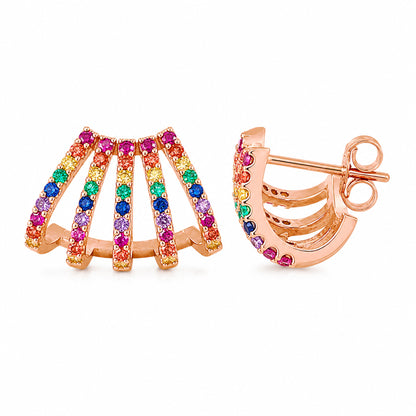 14K Gold Pavé Rainbow Gemstone 5 Row Hoop Stud Earrings
