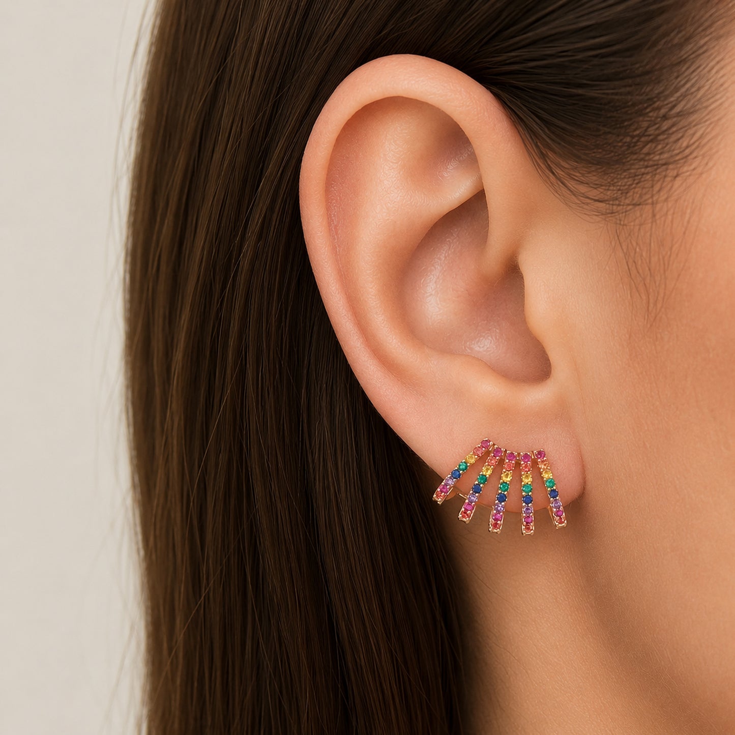 14K Gold Pavé Rainbow Gemstone 5 Row Hoop Stud Earrings