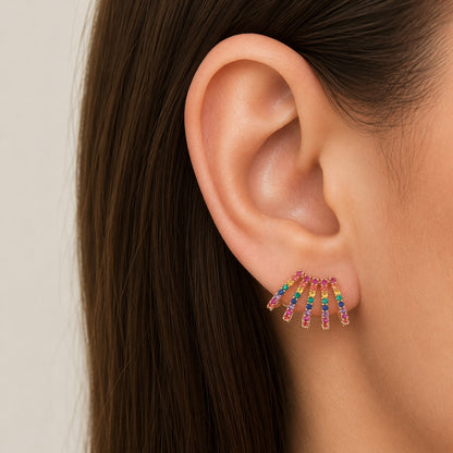 14K Gold Pavé Rainbow Gemstone 5 Row Hoop Stud Earrings