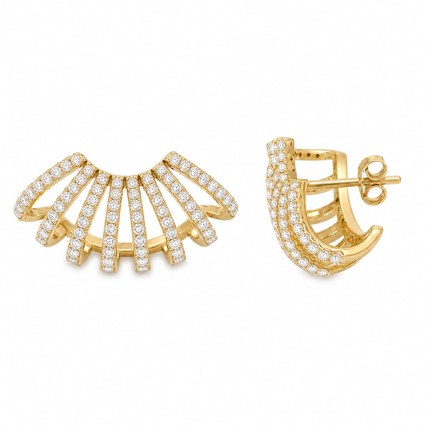 14K Gold Pavé Diamond 8 Row Hoop Stud Earrings