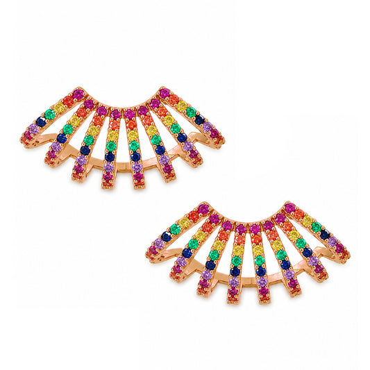 14K Gold Pavé Rainbow Gemstone 8 Row Hoop Stud Earrings
