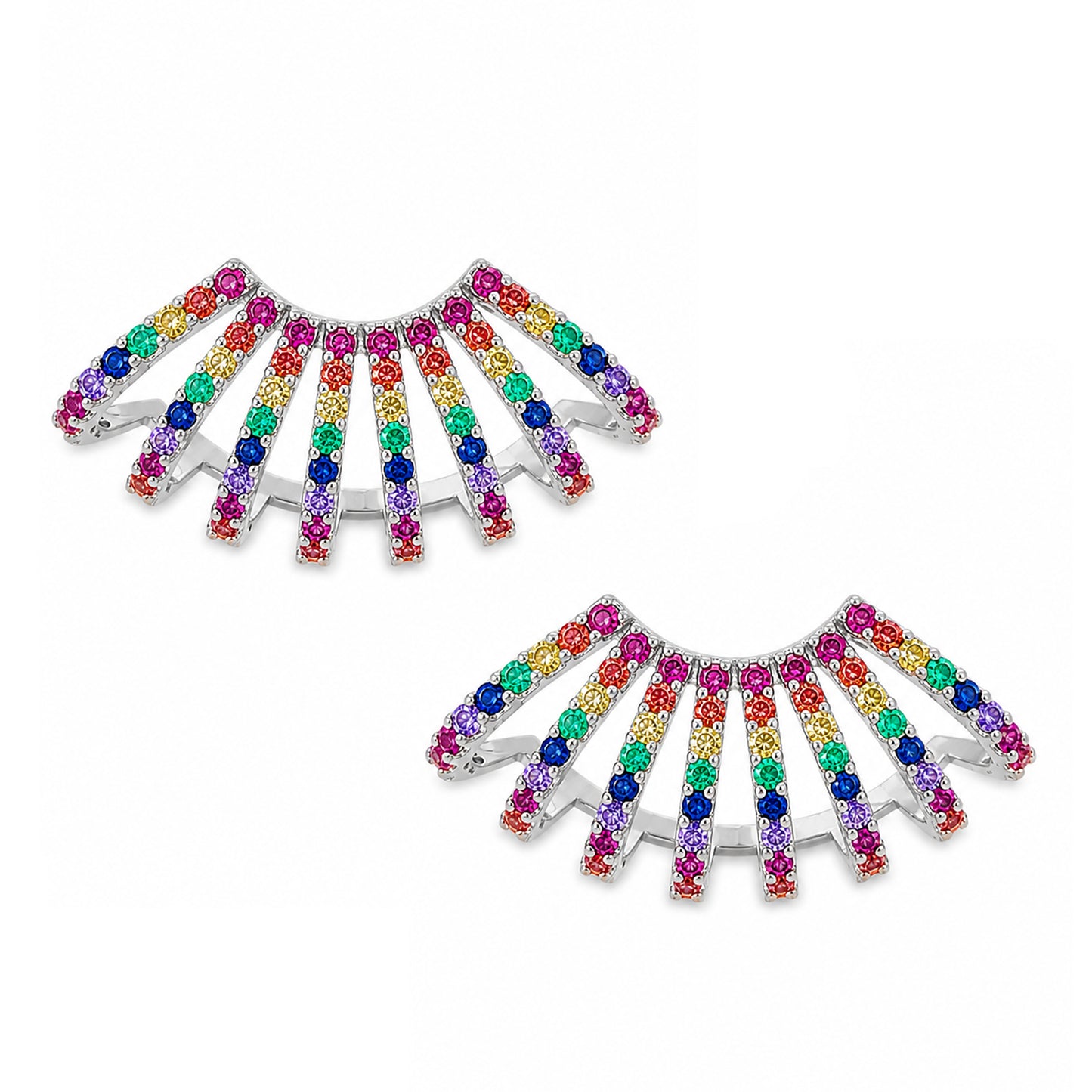 14K Gold Pavé Rainbow Gemstone 8 Row Hoop Stud Earrings