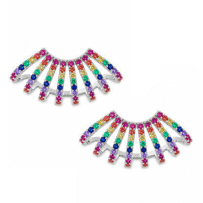 14K Gold Pavé Rainbow Gemstone 8 Row Hoop Stud Earrings