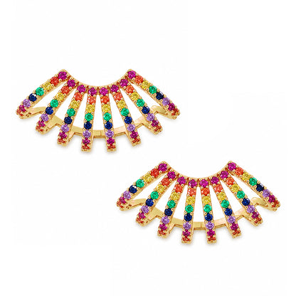 14K Gold Pavé Rainbow Gemstone 8 Row Hoop Stud Earrings
