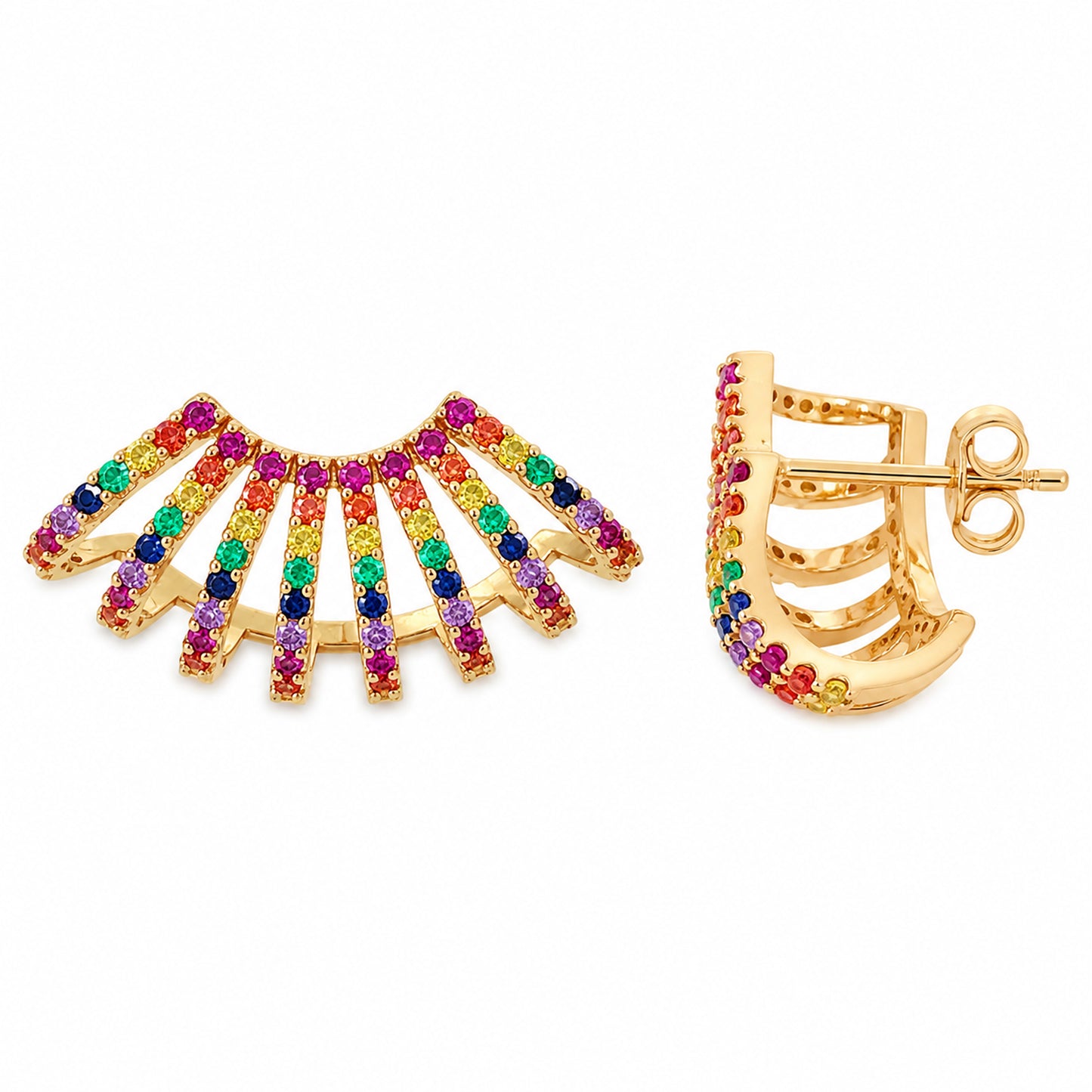 14K Gold Pavé Rainbow Gemstone 8 Row Hoop Stud Earrings