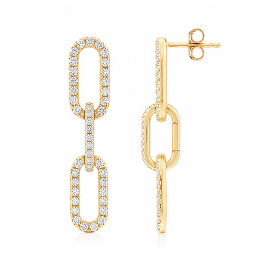 14K Gold Full Pavé Diamond Enhancer & Thick Oval Link Chain Convertible Dangle Stud Earrings, Large Size Links