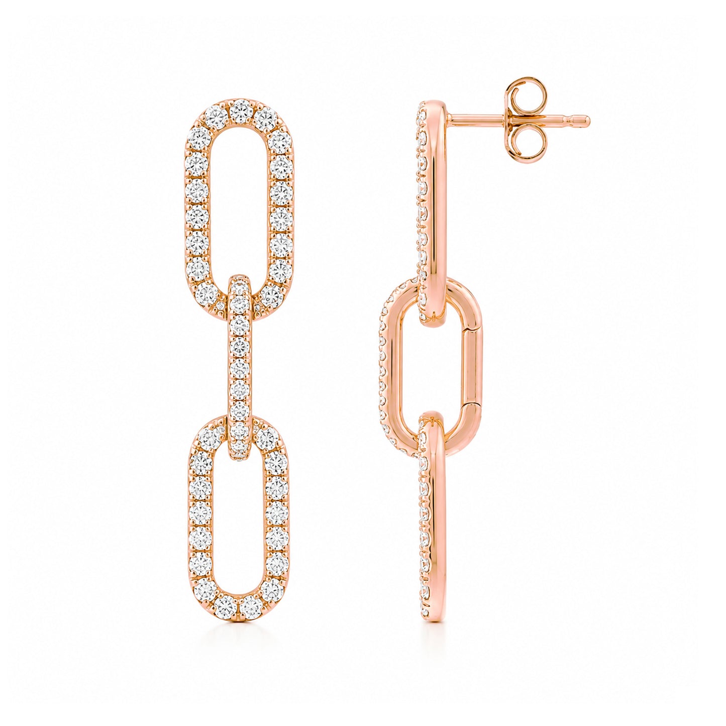 14K Gold Full Pavé Diamond Enhancer & Thick Oval Link Chain Convertible Dangle Stud Earrings, Large Size Links