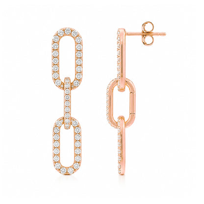 14K Gold Full Pavé Diamond Enhancer & Thick Oval Link Chain Convertible Dangle Stud Earrings, Large Size Links