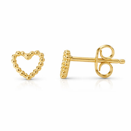 14K Gold Ball Frame Heart Stud Earrings