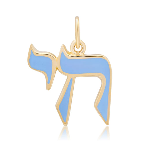 14K Gold Baby Blue Enamel Hebrew Chai Charm Pendant
