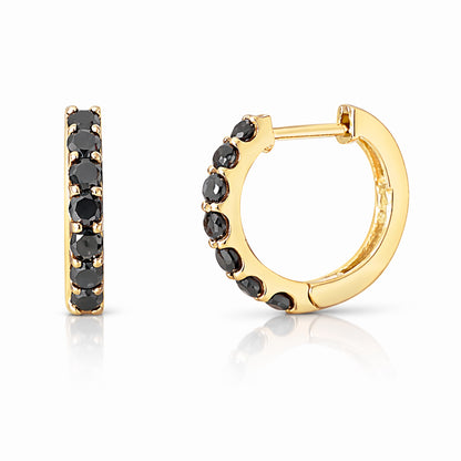 14K Gold Black Diamond Thick Huggie Hoop Earrings (11.5mm x 8.25mm)