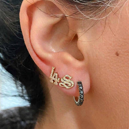 14K Gold Black Diamond Thick Huggie Hoop Earrings (13.75mm x 9.5mm)