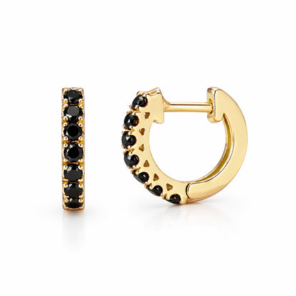 14K Gold Black Diamond Thick Huggie Hoop Earrings (11mm x 6mm)