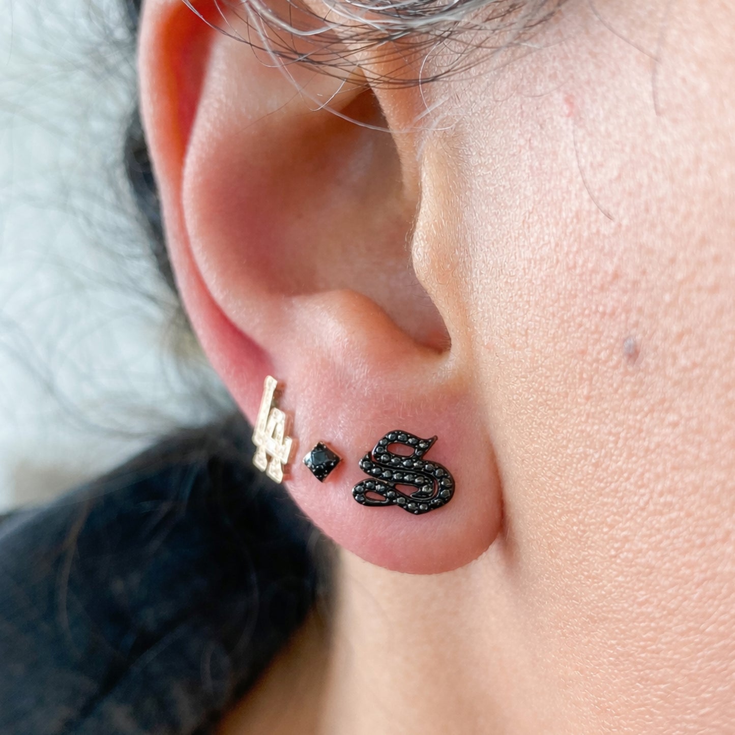 14K Gold Black Diamond Alphabet Letter Initial Single Stud Earring, Old English Font