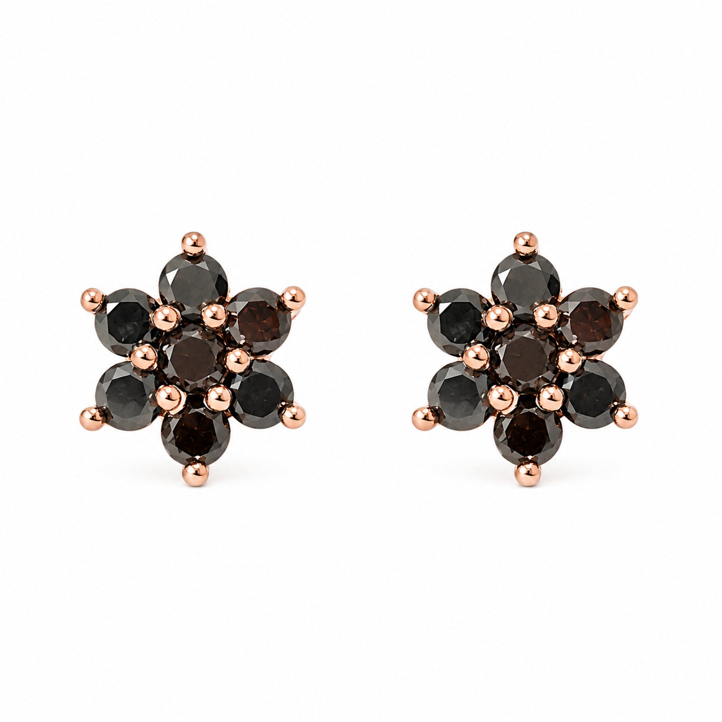 14K Gold Black Diamond Rosebud Flower Stud Earrings