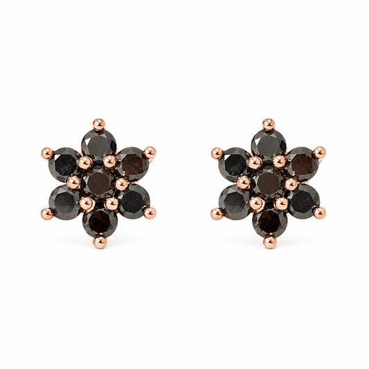 14K Gold Black Diamond Rosebud Flower Stud Earrings