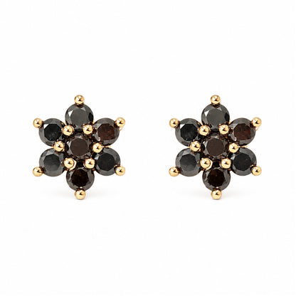 14K Gold Black Diamond Rosebud Flower Stud Earrings