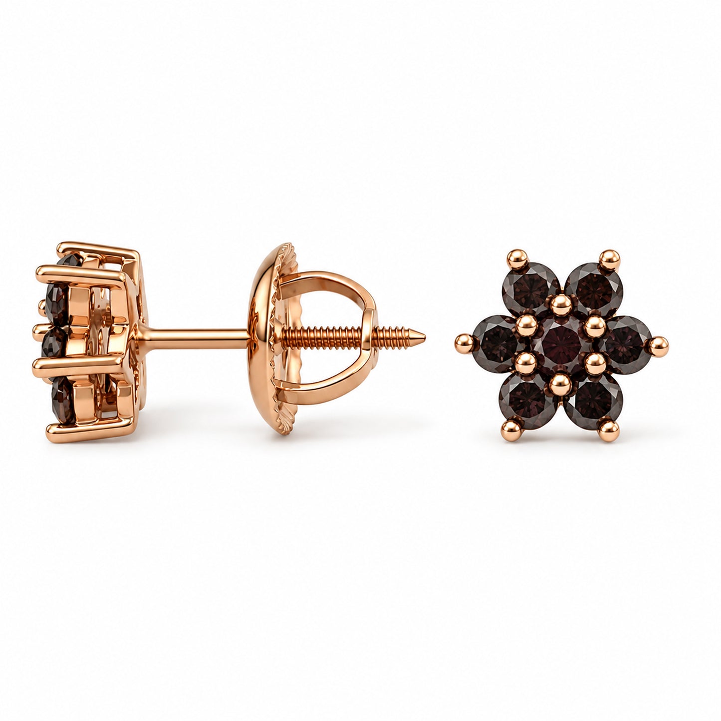 14K Gold Black Diamond Rosebud Flower Stud Earrings