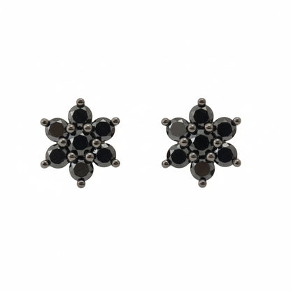 14K Gold Black Diamond Rosebud Flower Stud Earrings