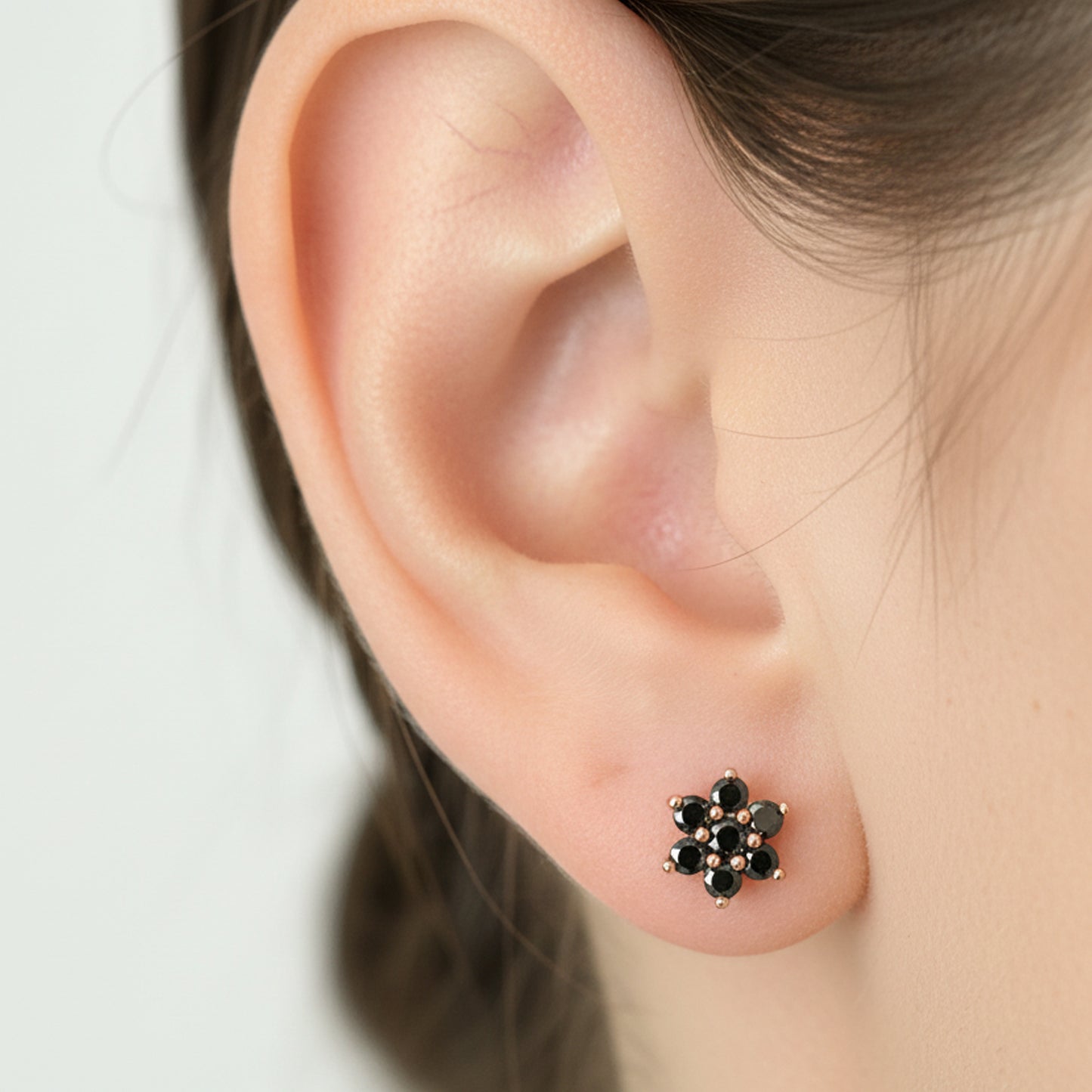 14K Gold Black Diamond Rosebud Flower Stud Earrings