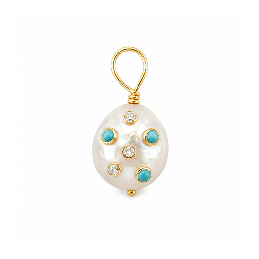 14K Gold Celestial Diamond & Turquoise Baroque Freshwater Cultured Pearl Pendant