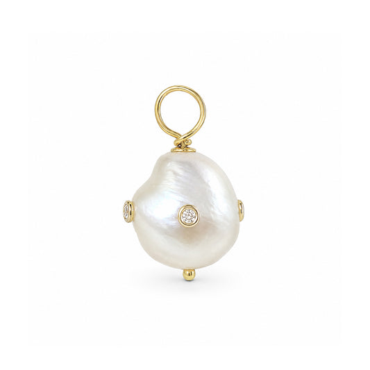 14K Gold Diamond Orbit Baroque Freshwater Cultured Pearl Pendant