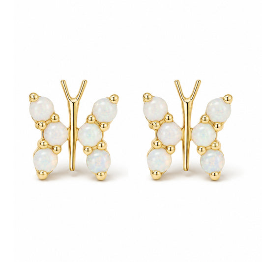 14K Gold Opal Cabochon Butterfly Stud Earrings