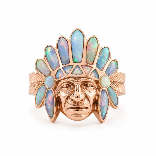 14K Gold Chief Head Ring ~ Opal