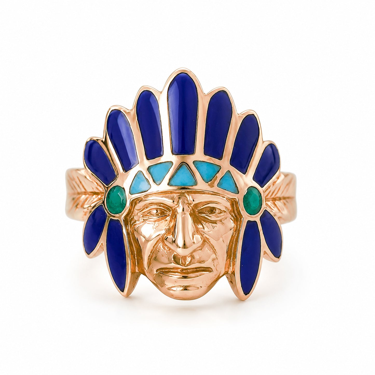 14K Gold Chief Head Ring ~ Lapis Lazuli, Turquoise & Malachite