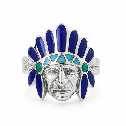 14K Gold Chief Head Ring ~ Lapis Lazuli, Turquoise & Malachite