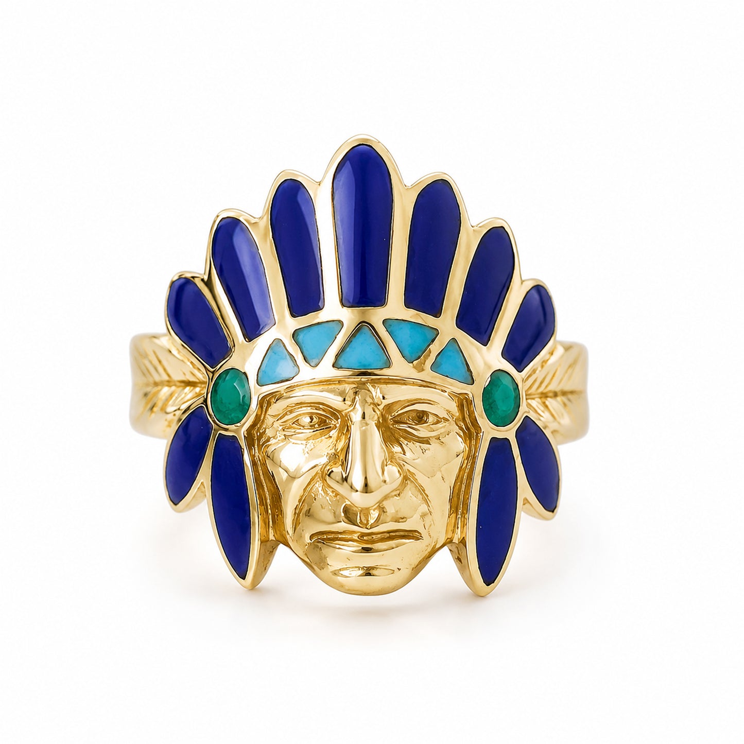 14K Gold Chief Head Ring ~ Lapis Lazuli, Turquoise & Malachite