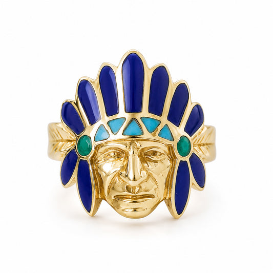14K Gold Chief Head Ring ~ Lapis Lazuli, Turquoise & Malachite