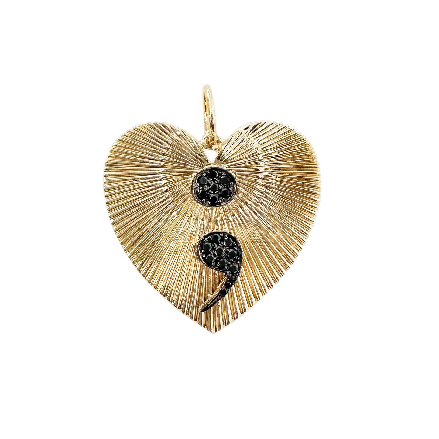 14K Gold Pavé Black Diamond Semicolon Fluted Heart Medallion Pendant, XL Size